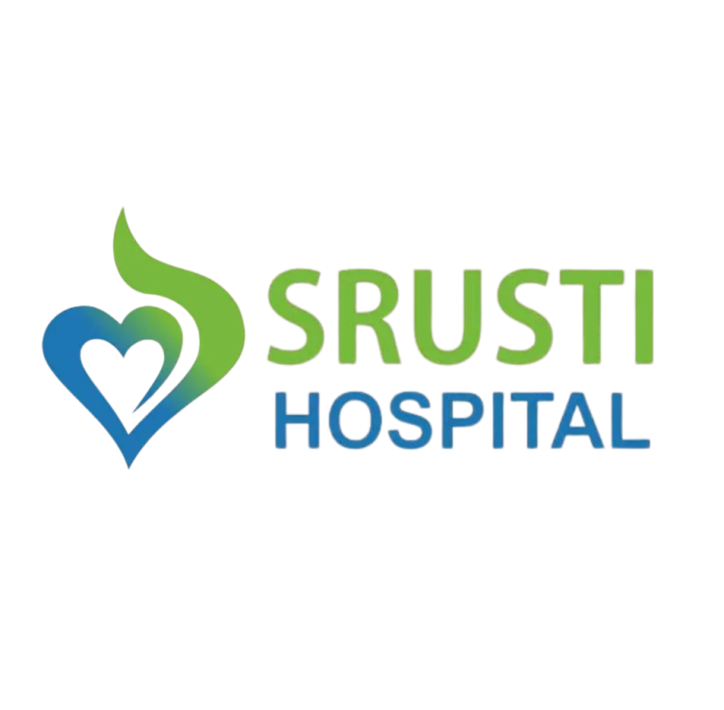 Srusti Hospital logo: blue heart with a green curved mark and the text SRUSTI HOSPITAL.