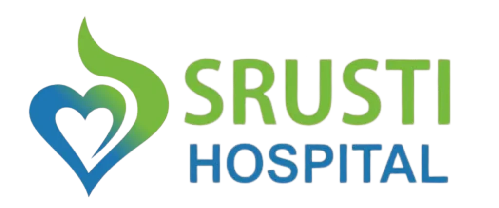 Srusti Hospital logo: blue heart with a green curved mark and the text SRUSTI HOSPITAL.