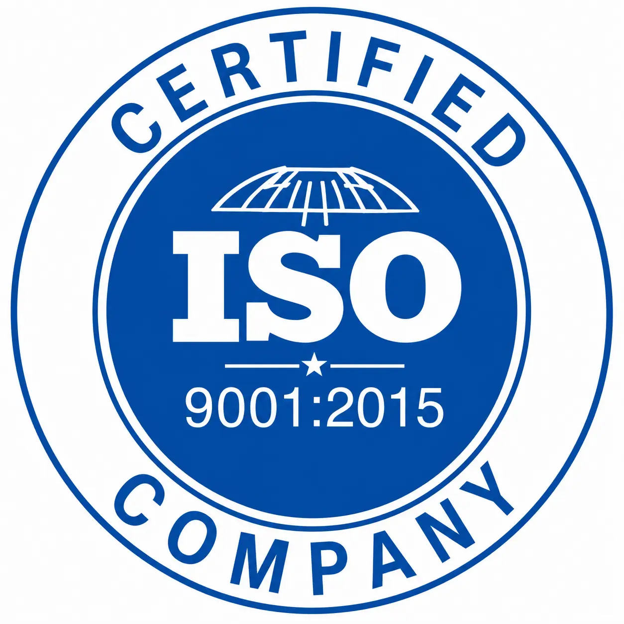 Blue circular ISO 9001:2015 certified company seal with the words CERTIFIED COMPANY ringed around the edge.