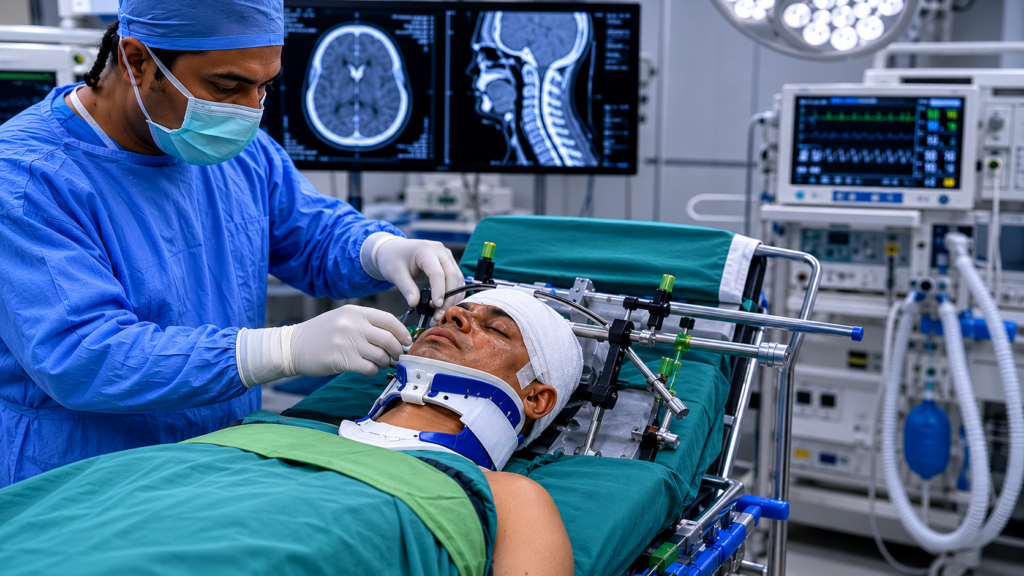 Surgeon in blue scrubs and mask works on a patient with a head immobilizer in an operating room.