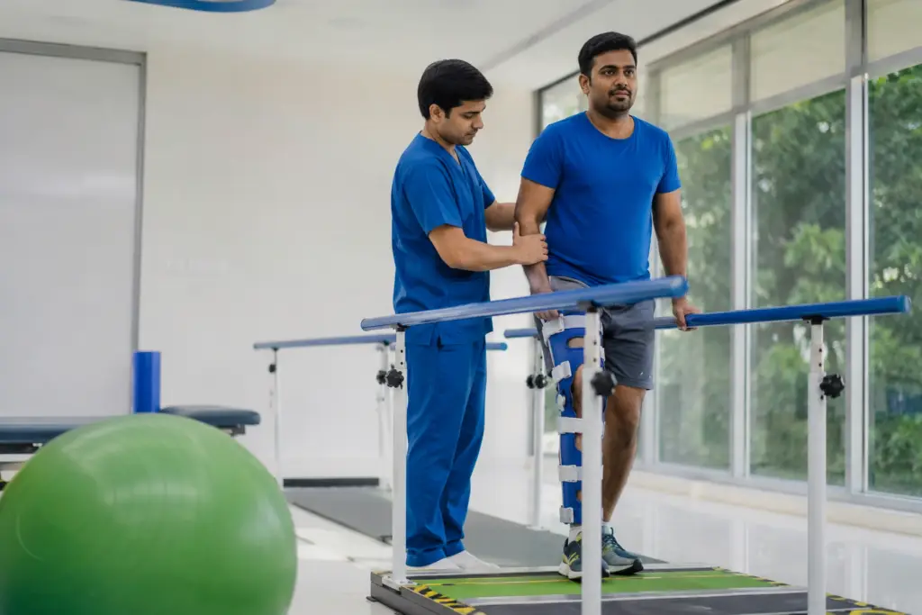 Male patient in a knee brace standing on a treadmill/bar setup, assisted by a therapist in blue scrubs in a bright rehab gym.