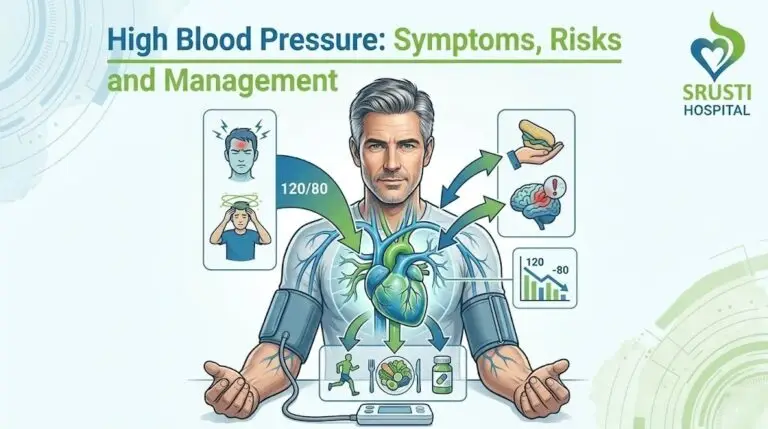 Infographic about high blood pressure: symptoms, risks, and management with a man connected to a monitor and a heart diagram at the center.