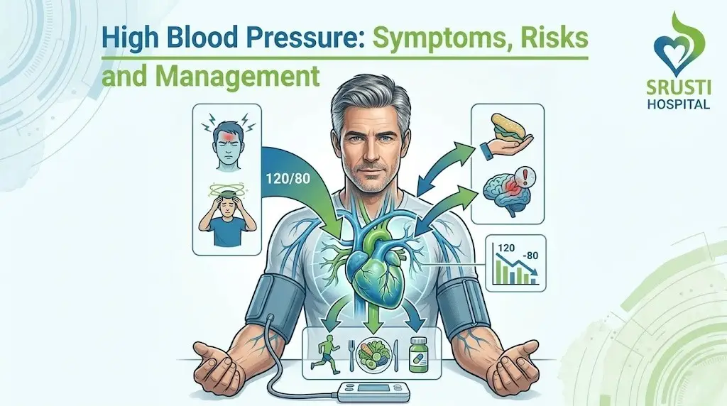 Infographic about high blood pressure: symptoms, risks, and management with a man connected to a monitor and a heart diagram at the center.