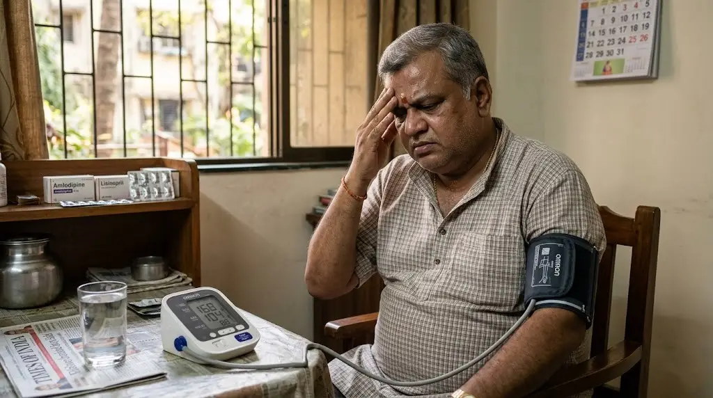 Older man at a home table wearing a blood pressure cuff, holding his temple in distress.
