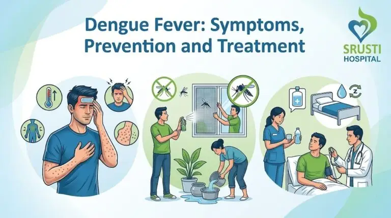 Infographic about dengue fever showing symptoms, prevention steps (mosquito control and removing standing water) and hospital treatment scenes from SRUSTI Hospital.