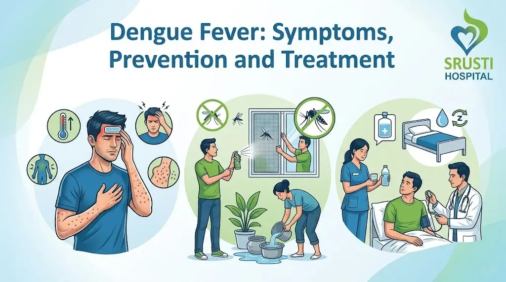 Infographic about dengue fever showing symptoms, prevention steps (mosquito control and removing standing water) and hospital treatment scenes from SRUSTI Hospital.