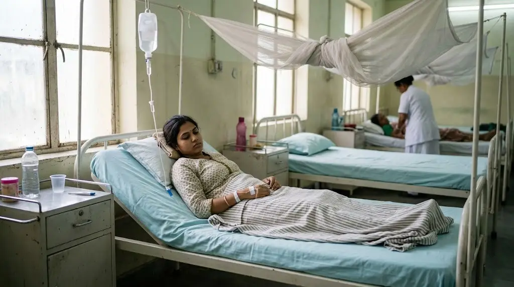 Woman resting in a hospital bed with an IV drip in a sunlit ward.