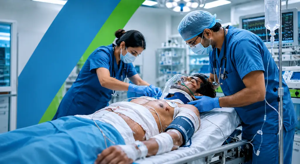 Medical team in blue scrubs treats a male patient on a hospital stretcher; patient wears a neck brace and oxygen mask with IV lines and visible wounds, monitors in the background.