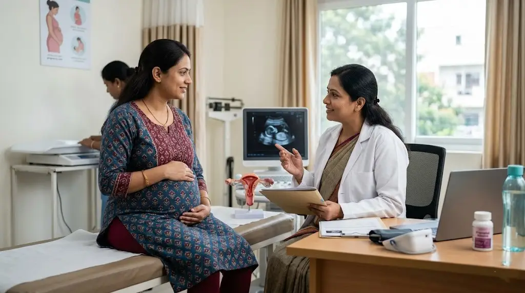 Pregnant woman sits on an examination bed while a doctor explains something, gesturing toward a clipboard during a prenatal visit.