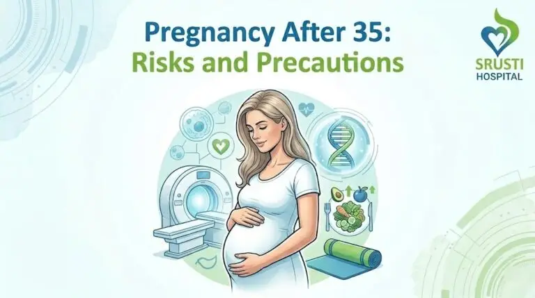 Illustration of a pregnant woman surrounded by medical icons, with the headline 'Pregnancy After 35: Risks and Precautions' and SRUSTI Hospital logo.