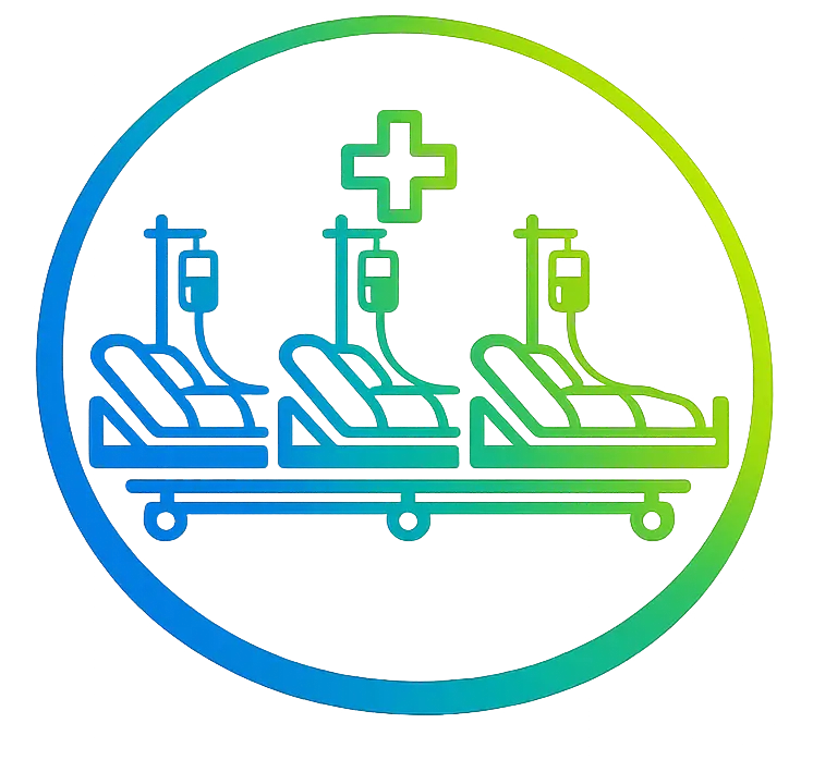 Icon showing three hospital beds on a patient transport trolley with IV poles, inside a gradient circular border, representing medical transfer or triage.