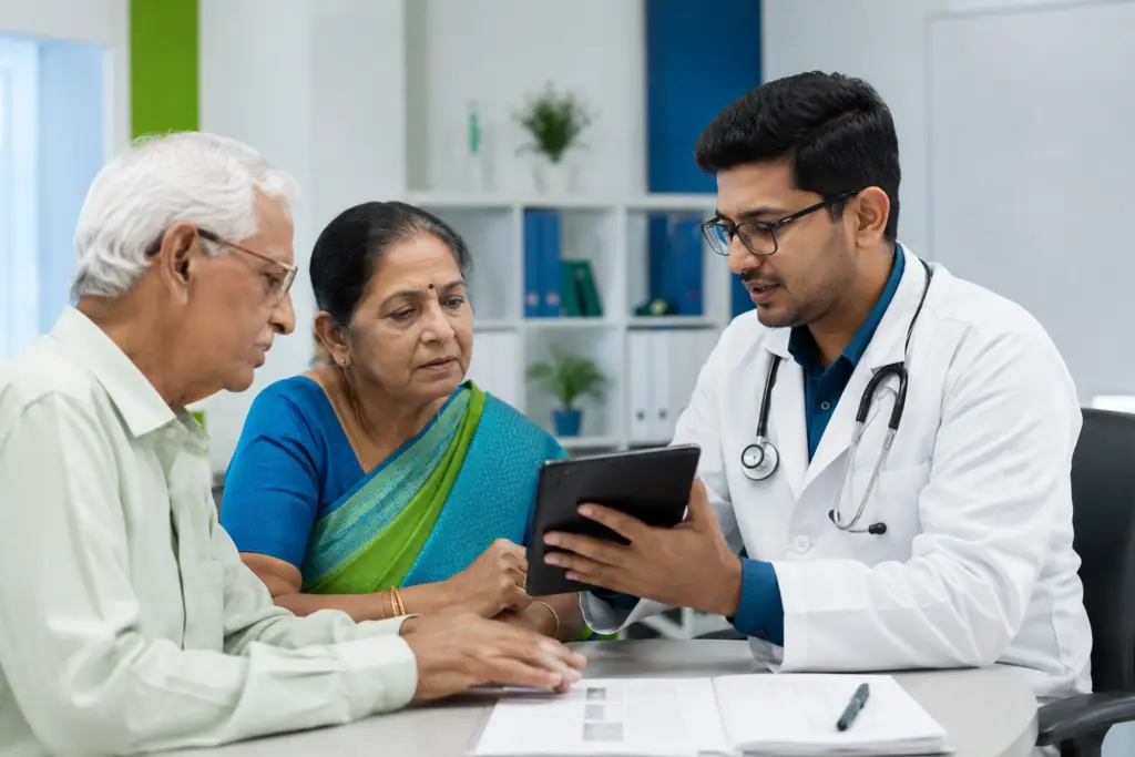 Doctor reviews information on a tablet with an elderly couple in a clinic consultation room, discussing their care.