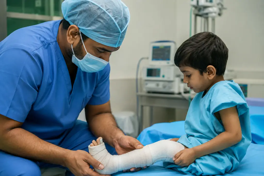 Doctor in blue scrubs wraps a child patient's leg in a cast in a hospital room.