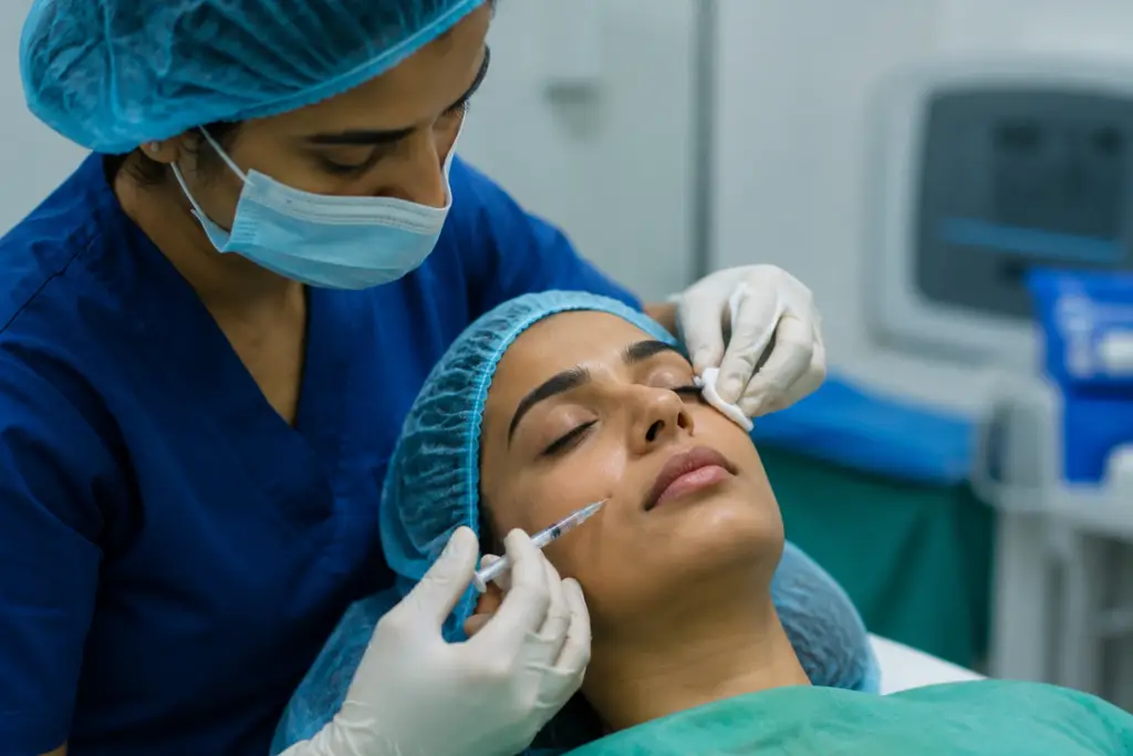 Medical professional in blue scrubs and mask administers a facial injection to a patient lying down, using a syringe near the cheek.