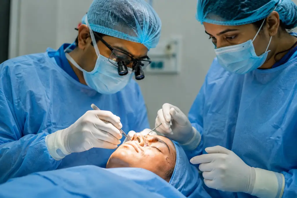 Two surgeons in blue scrubs, masks, and gloves perform a procedure on a patient, using instruments near the face under bright operating room lights.