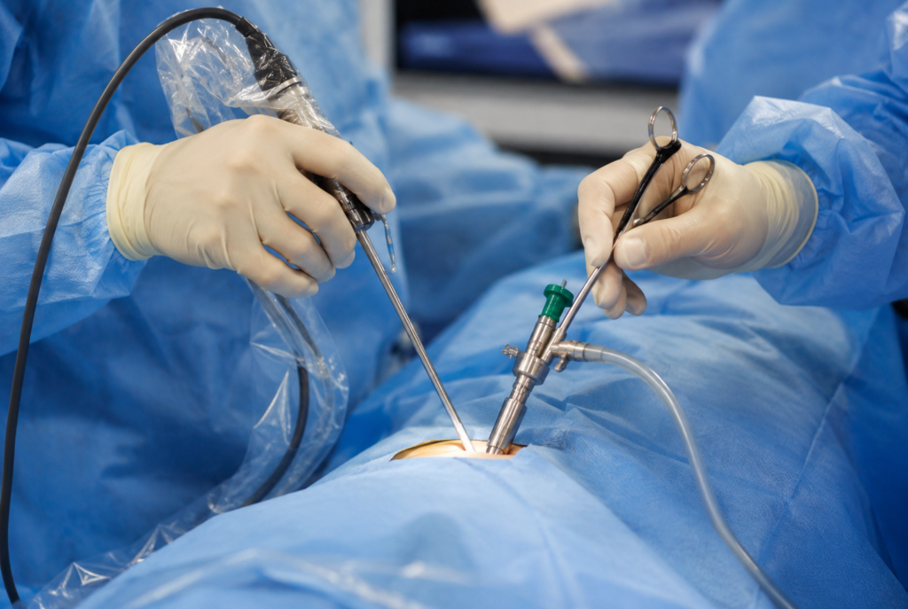 Surgeons in sterile blue gowns perform laparoscopic surgery, guiding instruments into a small incision.