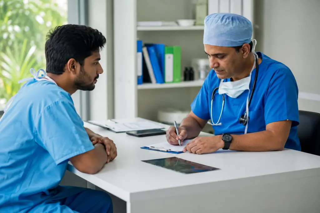 Two doctors in blue scrubs sit across from each other at a white desk; one reviews notes while the other writes on a clipboard with a stethoscope around his neck.