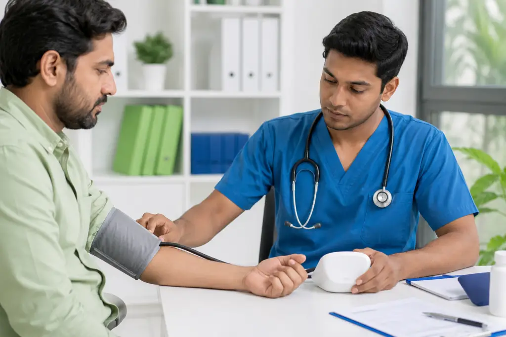 Healthcare professional in blue scrubs checks a patient's blood pressure by placing a cuff on his left arm.
