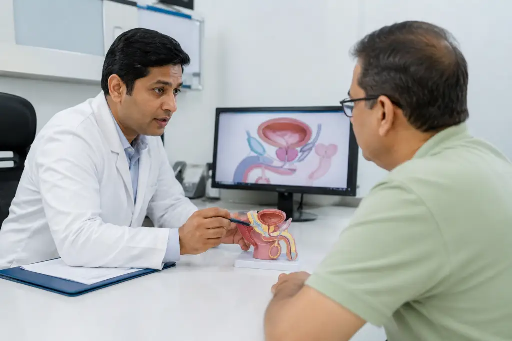 Doctor explains a model of the male reproductive and urinary system to a patient in a clinic; a diagram is on the computer monitor behind them.