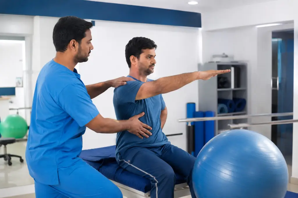Physiotherapist guides a man through a seated arm extension exercise in a rehab clinic, blue exercise balls nearby.