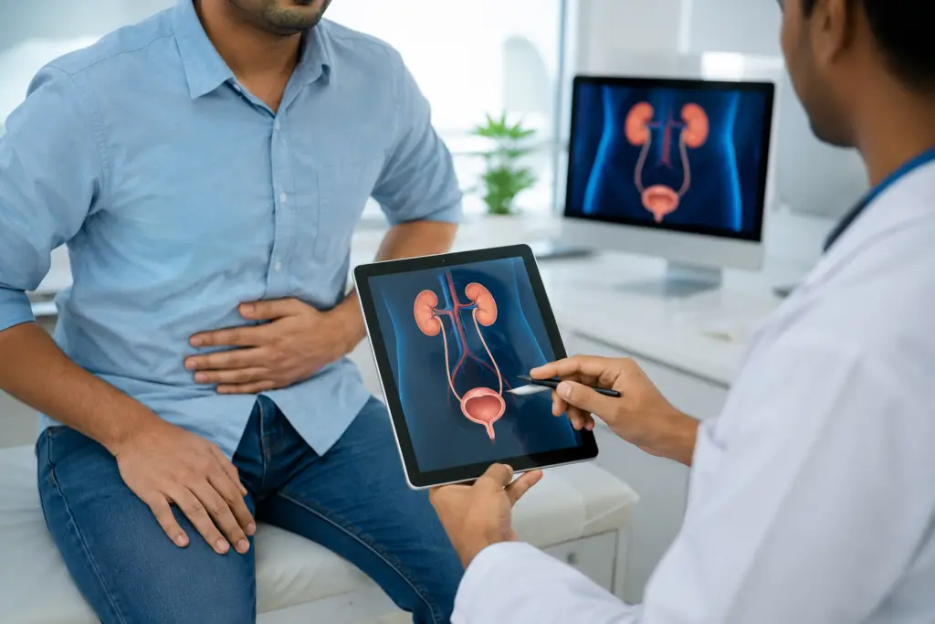 Doctor shows tablet displaying a 3D diagram of kidneys, ureters and bladder to a patient in a clinic.