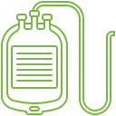 Green line drawing of an IV fluid bag with a long tube.