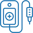 Blue line art icon of a medical monitor with a circular screen and a connected sensor on a cord.