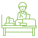 Illustration of a person in a tie standing behind a desk with a computer monitor and papers at the desk.