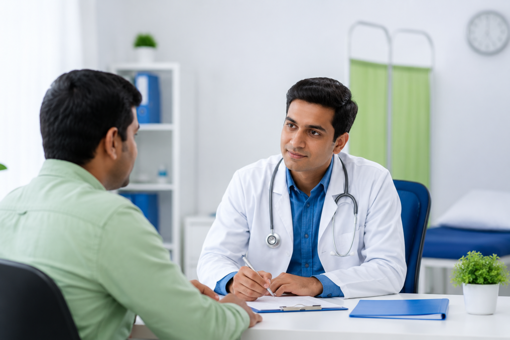Doctor in a white coat with a stethoscope speaks with a patient across a desk in a bright clinic room.