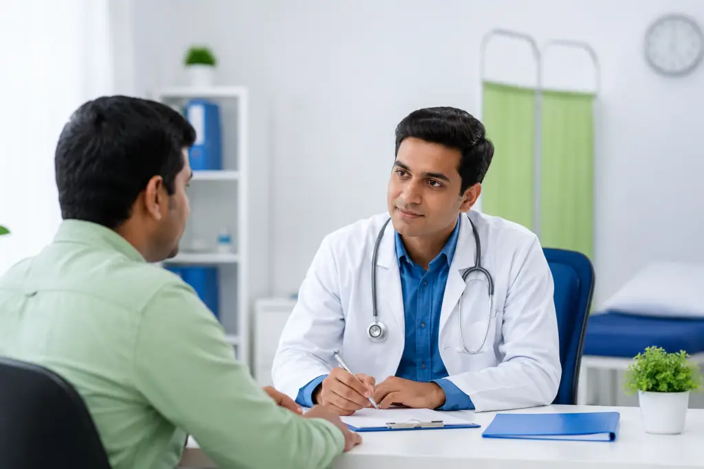Doctor in a white coat with a stethoscope speaks with a patient across a desk in a bright clinic room.