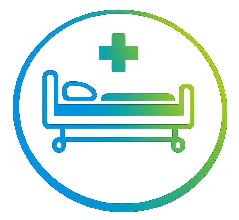 Hospital bed icon inside a circular gradient badge, symbolizing medical care or hospital services/tacility