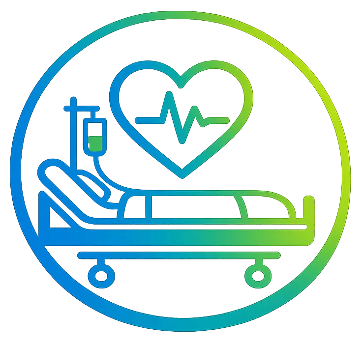 Medical care symbol: patient on a hospital bed with IV drip and a heart with an ECG line inside a circular gradient border.