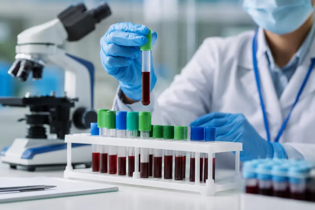 Laboratory researcher in a mask and blue gloves holding a blood test tube above a rack of labeled tubes; microscope visible in the background.