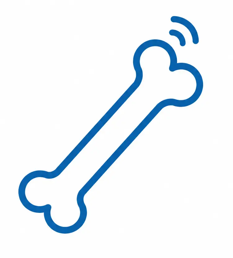 Blue outline of a dog bone with wireless signal waves emanating from one end, on white background.