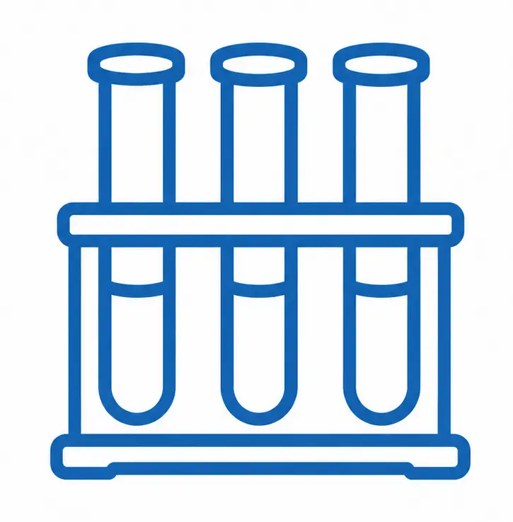 Three blue test tubes standing in a rack (outline icon) in a laboratory setting? (simple outline of a test tube rack)