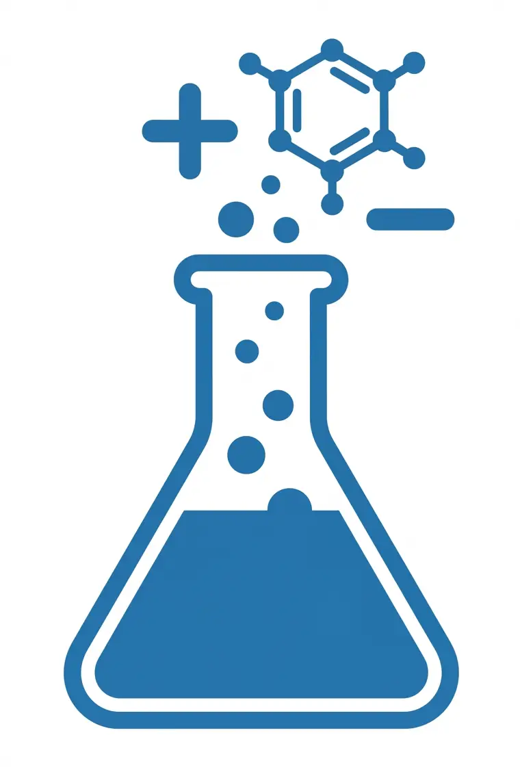 Blue line drawing of a chemistry flask with bubbling liquid and a molecular structure above.