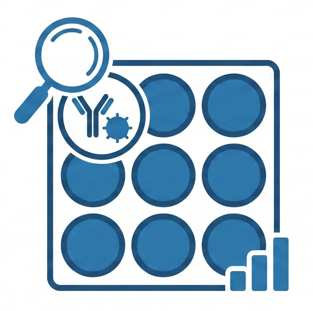 Blue icon of a 3x3 well plate with a magnifying glass examining a cell/virus symbol, representing microbiology analysis.