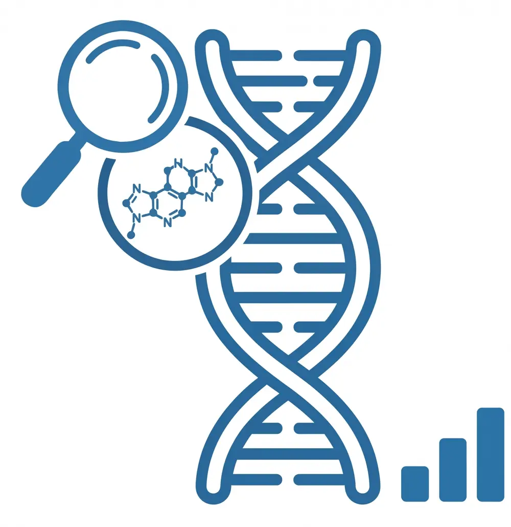 Blue illustration of a DNA double helix with a magnifying glass focusing on a nucleotide structure; small signal bars in the corner.