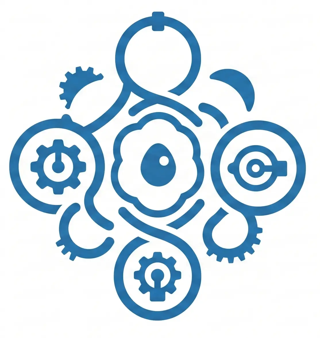 Abstract blue interconnected gears forming a central circular motif, symbolizing automation and collaboration