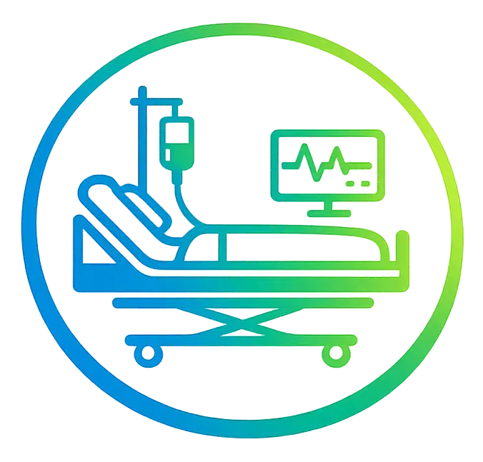 Hospital patient icon: patient on a bed with IV and a monitor, inside a circular gradient border.