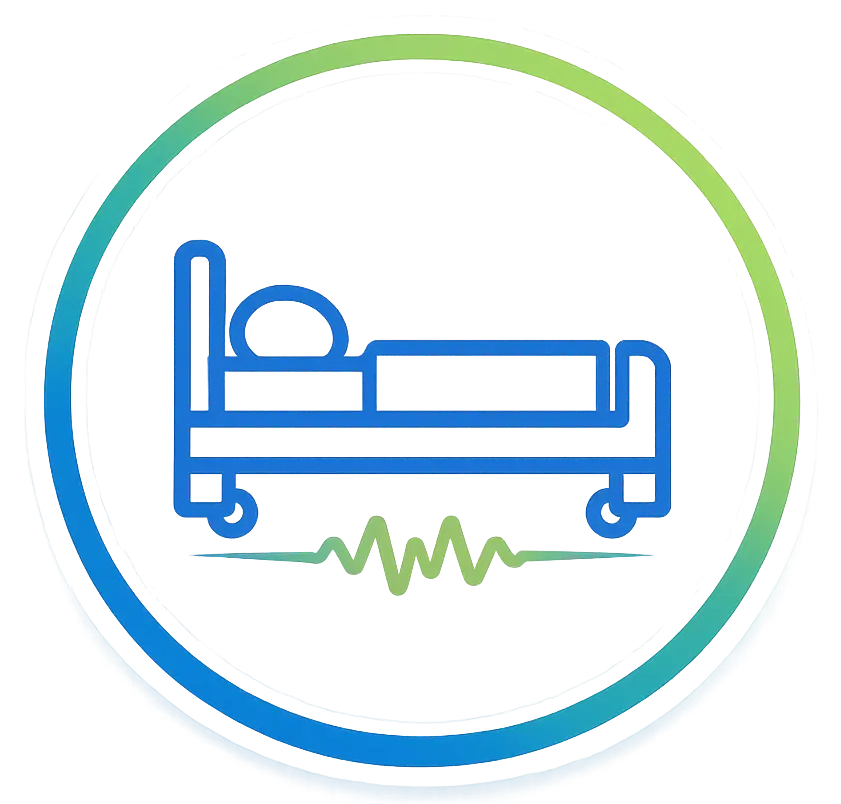 Hospital bed icon with a lying patient and a heart-rate line beneath, inside a circular gradient badge