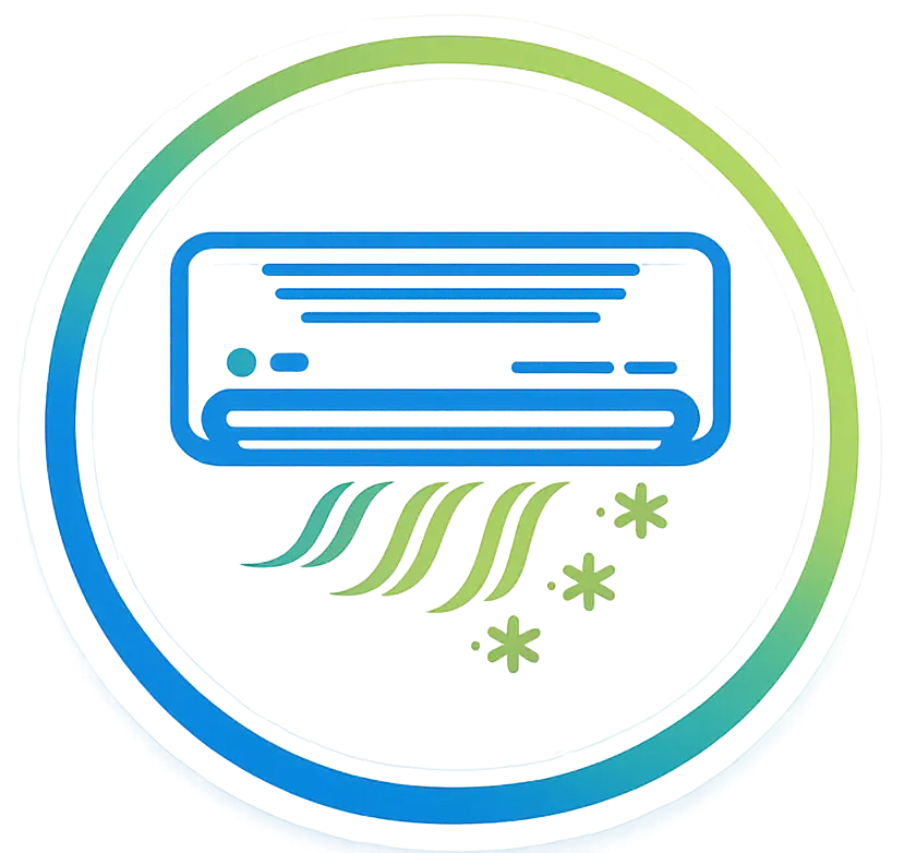 Blue wall-mounted air conditioner icon releasing cool air with wavy lines and star-like particles inside a circular gradient frame