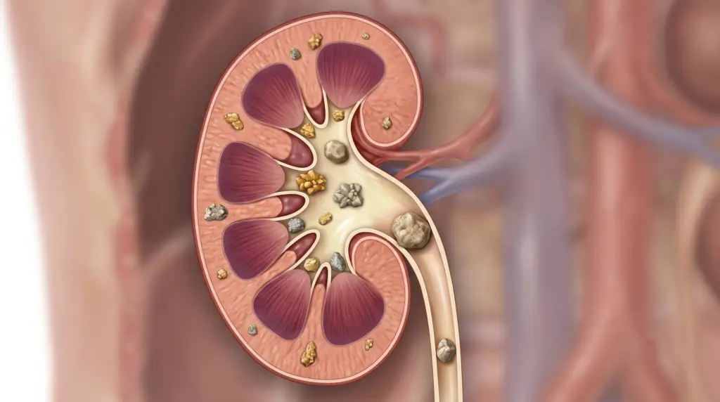 Cross-section of a human kidney showing stones (calcifications) in the renal pelvis and surrounding tissue.