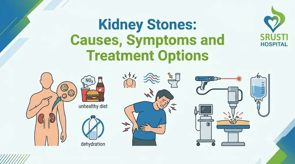 Infographic about kidney stones: causes, symptoms and treatment options with icons for diet, dehydration, and a patient in pain alongside medical equipment.