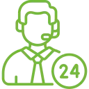 Green line drawing of a customer support agent with headset and a 24 badge, indicating 24/7 support.