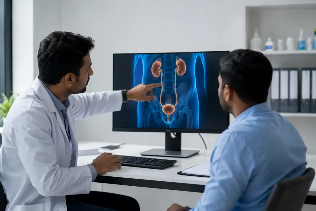 Two doctors discuss a blue X-ray image of the urinary system on a monitor.