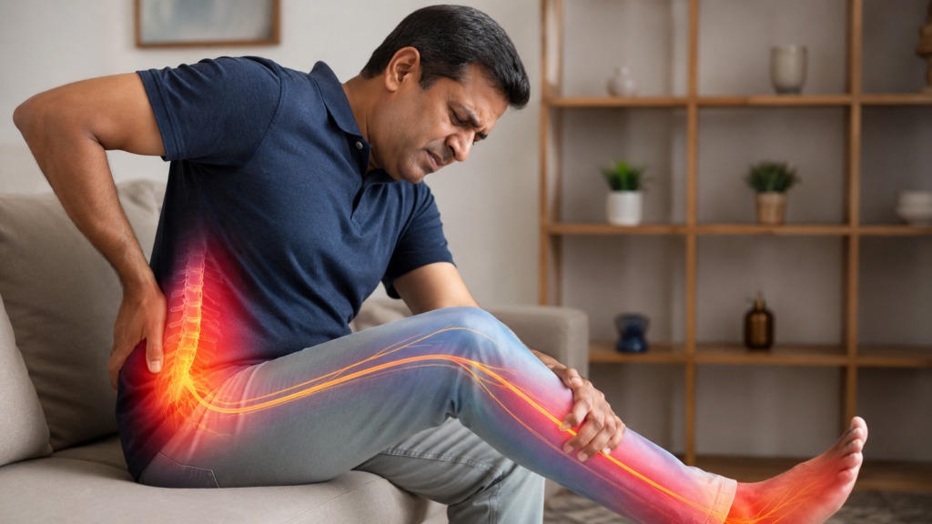 Man seated on a sofa clutching his leg in pain, with glowing nerves illustrated along the leg to show sciatic pain.