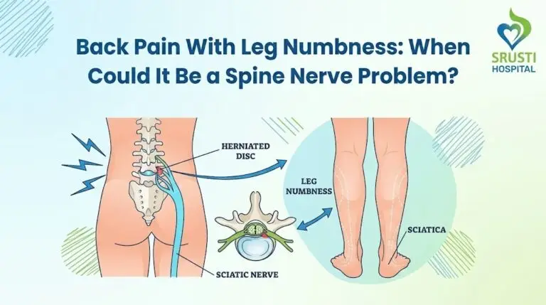 Diagram showing how a herniated disc can press on the sciatic nerve, causing leg numbness and sciatica.