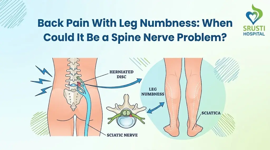 Diagram showing how a herniated disc can press on the sciatic nerve, causing leg numbness and sciatica.