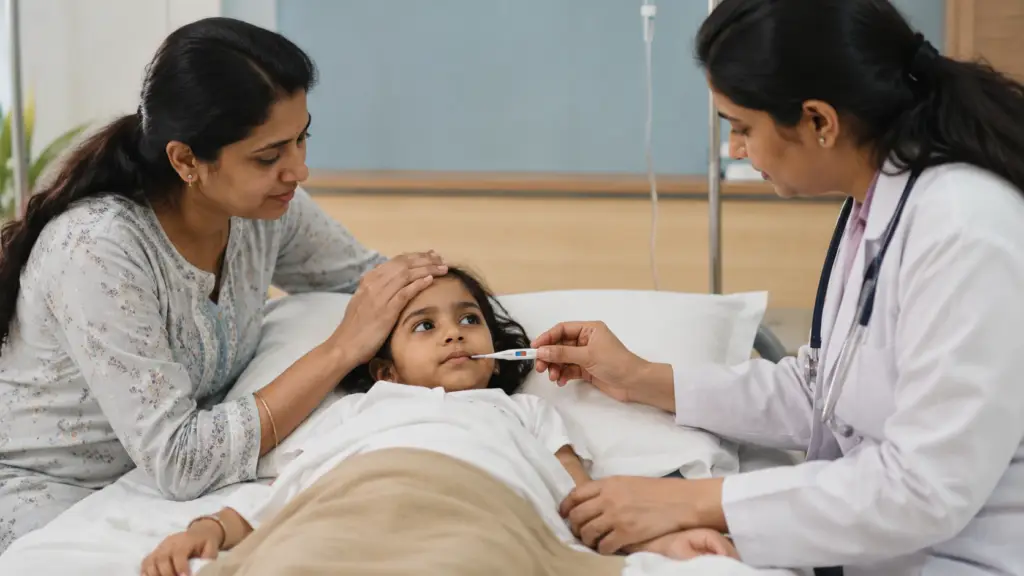 Mother and doctor check a sick child in bed; doctor uses thermometer while mother comforts the child.